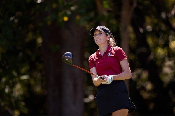 Sophomore Rachel Heck watches her tee shot.