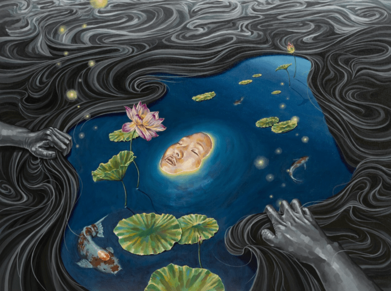 An acrylic painting of a woman face up in a pond.