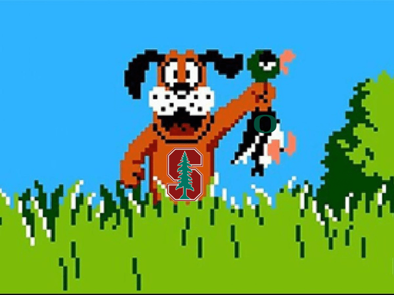 A cartoon dog holds a duck by the neck, with Stanford and Oregon logos on them, respectively.