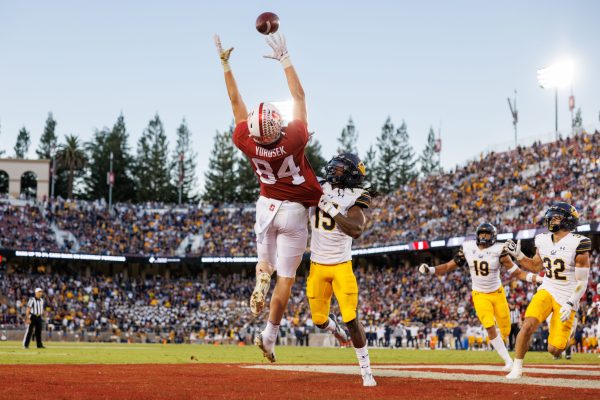 A football player rises up to catch a football