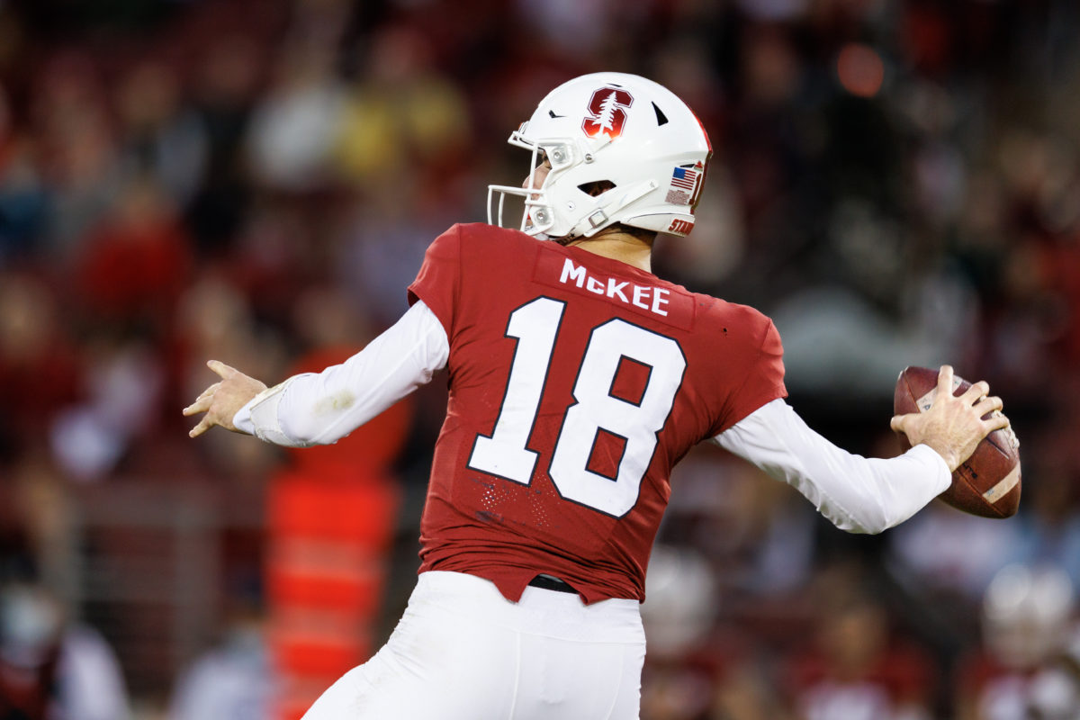 Picture of McKee getting ready to throw a football