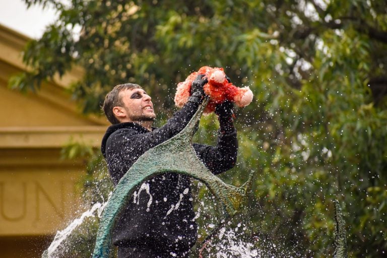 a member of the band spears a teddy bear into the claw