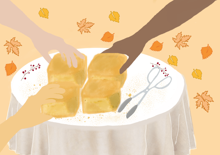 Pieces of cornbread on a table are being picked up by different hands