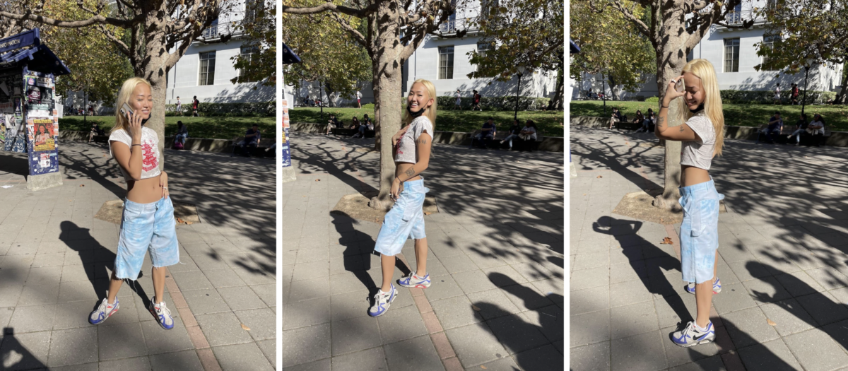 A student in long jean shorts posing in three frames. 