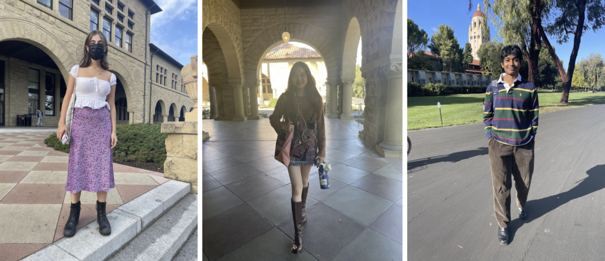 Three photos: in photo one, a student in a long purple skirt. In photo two, a student in tall boots. In photo three, a student in a striped polo. 