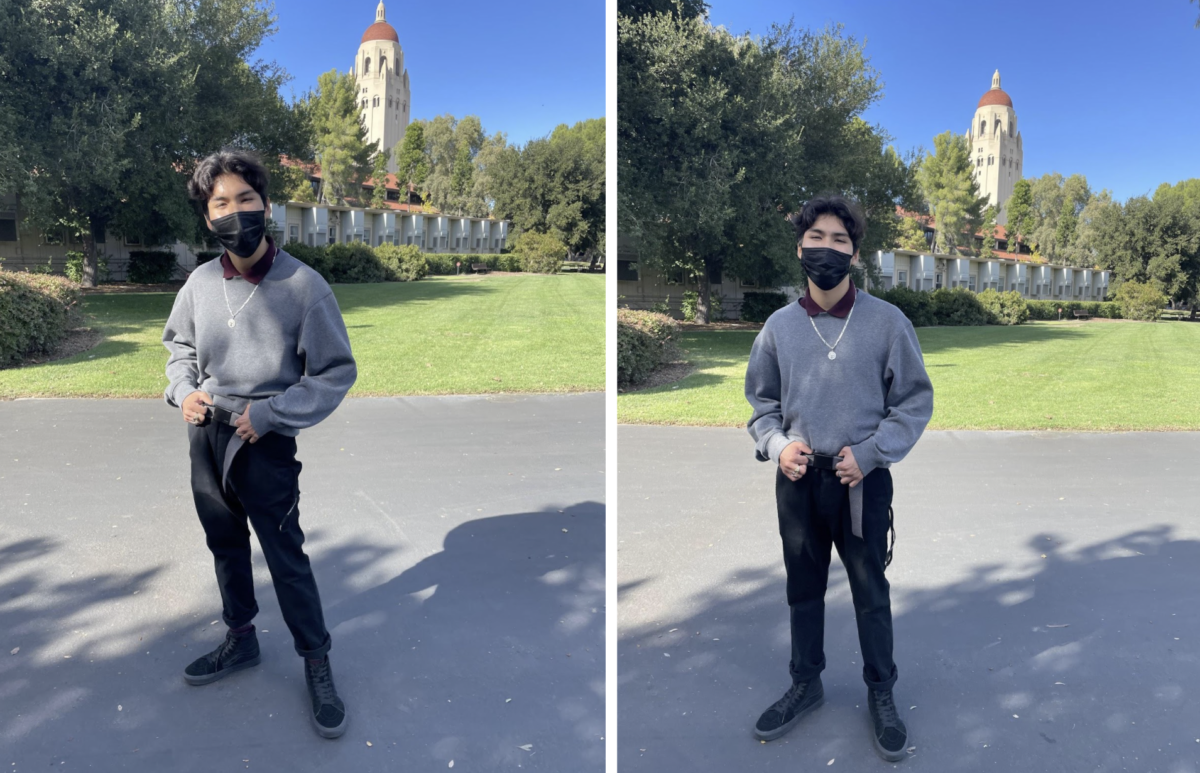 A student posing in two frames, wearing a grey sweater. 