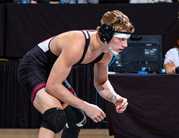 Shane Griffith crouches ready for his match to begin.