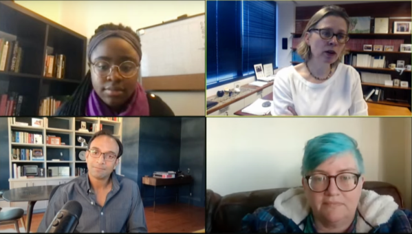 Deb Raji, Fiona Scott Morton, DJ Patil and Cathy O’Neil on a Zoom video call.