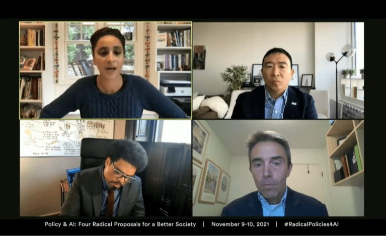 Zoom screenshot of Juliana Bidadanure (top left), Andrew Yang (top right), Darrick Hamilton (bottom left) and Mark Duggan (bottom right) discuss Yang’s proposal for universal basic income.