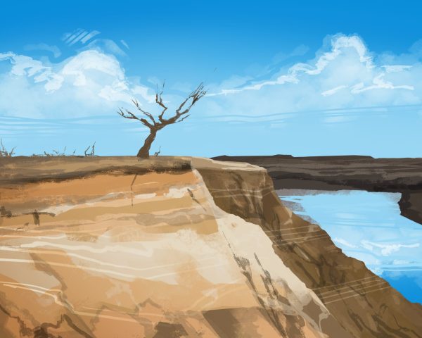 A dry desert with a dead tree and water.