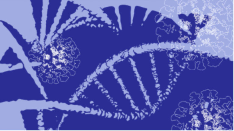 A graphic of a DNA strand and a COVID-19 particle.