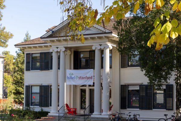 Photo of building with banner reading "hillel @ stanford"