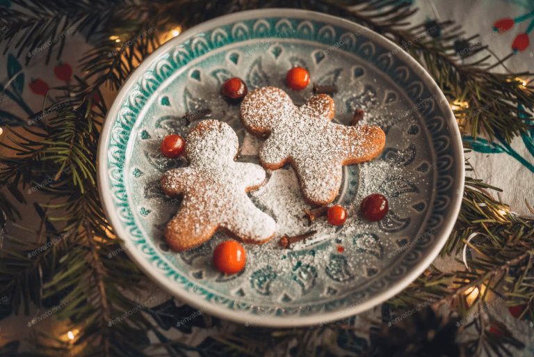 Two gingerbread cookies in a bowl