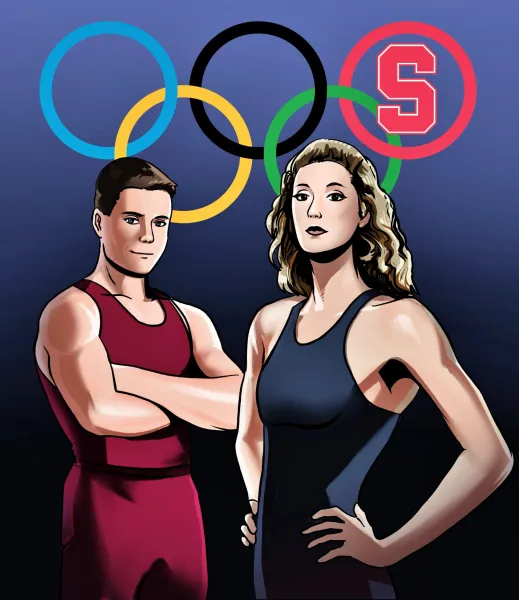 Two athletes below the olympic rings. The red ring has Stanford's "S" logo in the middle