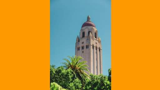 Photo of Hoover Tower with orange margins.