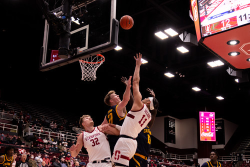 Senior forward Jaiden Delaire shoots over a Cal defender.