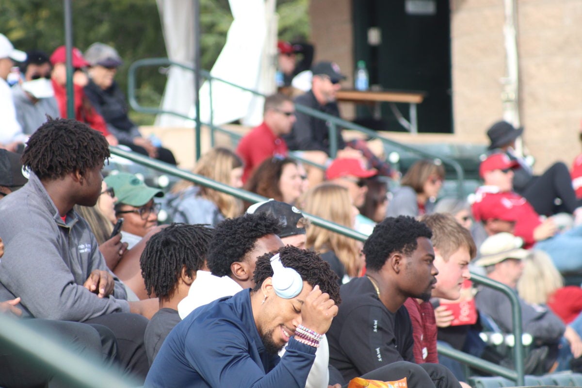 Fans watch the game from the bleachers.