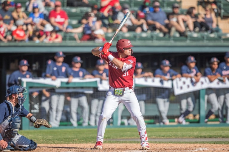 Sophomore first baseman Carter Graham takes his stance in the batter's box.