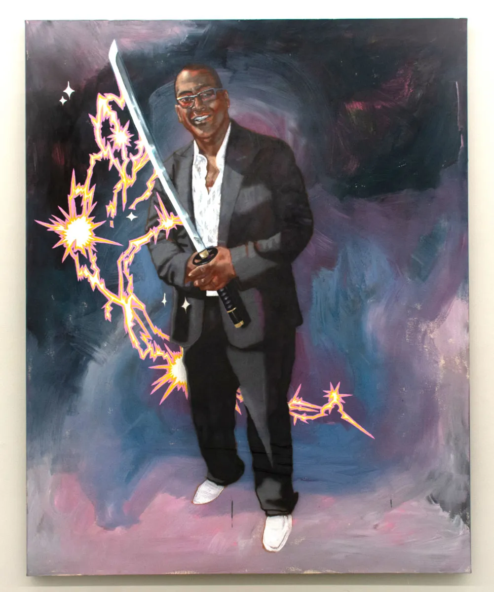 A painting of Randy Jackson wielding a signed samurai sword, with comical flashes painted on top as reflections of the samurai sword. 