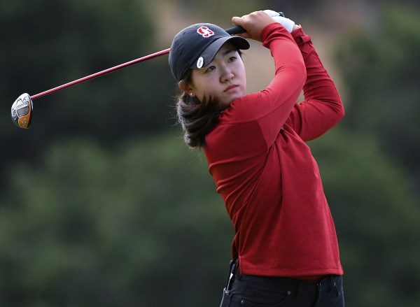 Freshman Rose Zhang follows through after a drive.