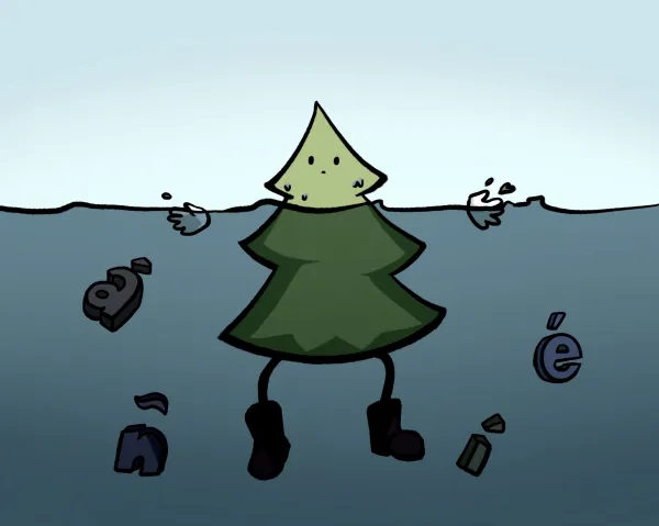 A cartoon tree floating in a pool of water and surrounded by Spanish letters.