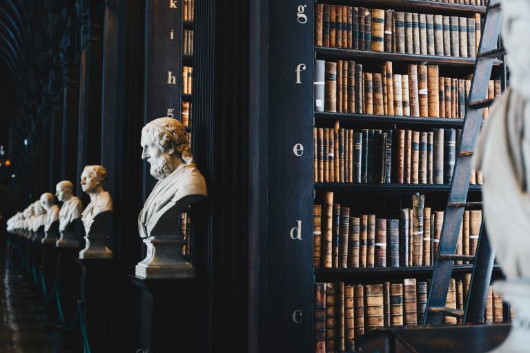 Hallway of a library; statues are at the end of each bookshelf and there is a ladder in one row