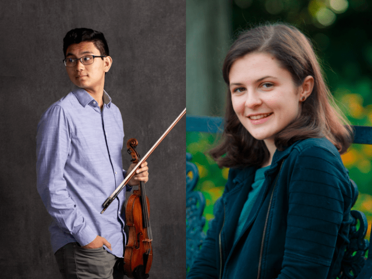 At left, Nathan Sariowan '24 stands holding a violin. At right, Katie Pieschala '24 smiles at the camera.