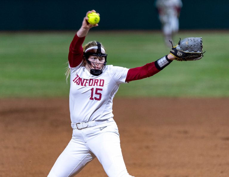 Stanford junior pitcher Alana Vawter winds up to throw.