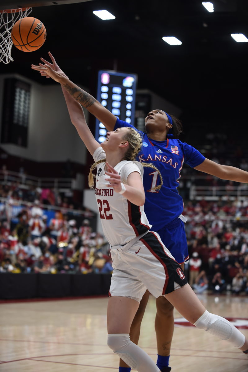 A Kansas defender attempts to block sophomore forward Cameron Brink's shot.