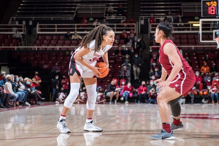 Stanford's junior guard Haley Jones surveys the defense.