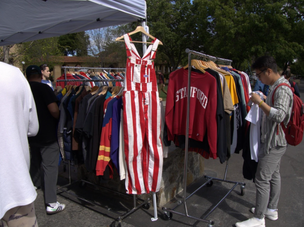 A pair of red and white overalls.