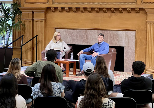 CDDRL Director Kathryn Stoner (left) speaks to Venezuelan opposition leader Leopoldo López (right) in front of students