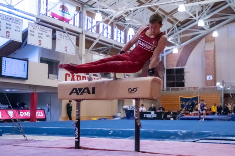 Senior Ian Gunther competes on the pommel horse.