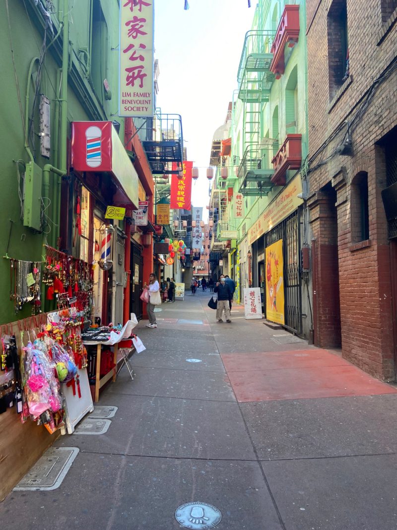 An alleyway with brick and green walls is lined with businesses.