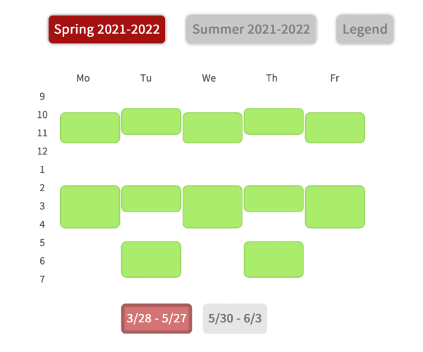 a packed calendar showing several hours of classes Monday through Friday