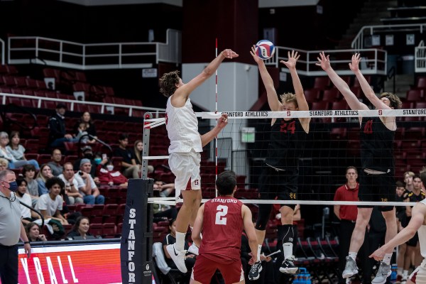 Junior outside hitter Will Rottman swings above the net.