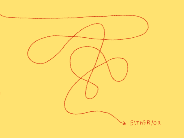 A red curved arrow pointing to "Either Or" against a yellow background