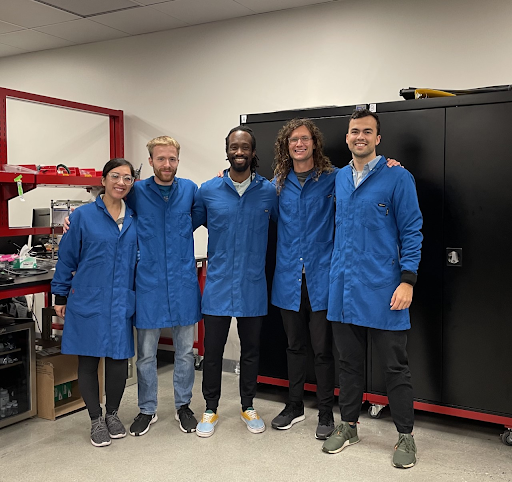 The Anthro Energy team in the lab (from left to right): Christina Luu ’16, Matt Klonkowski, Shane Sheraman, David Mackanic Ph.D. ’20 , Joe Papp (Photo Courtesy of David Mackanic)