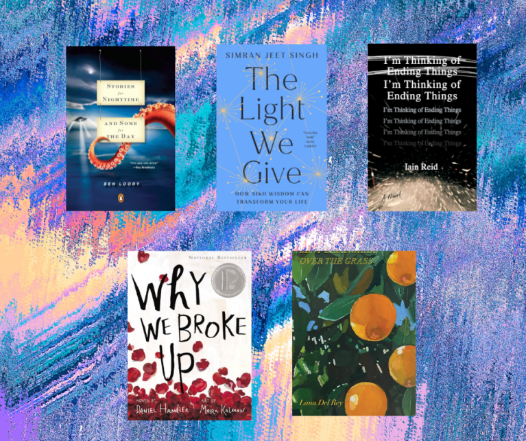 Five book covers including “Stories for Nighttime and Some for the Day”, which features an octopus tentacle and spaceship, "The Light We Give", "I'm Thinking of Ending Things", "Why We Broke Up", and "Violet Bent Backwards Over the Grass".