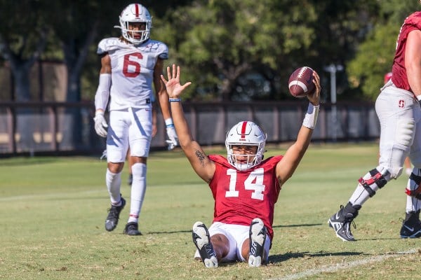 Ashton Daniels raises both arms in touchdown signal after a play.