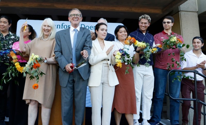 Speakers celebrated the vine cutting at the Stanford Doerr School of Sustainability opening ceremony.