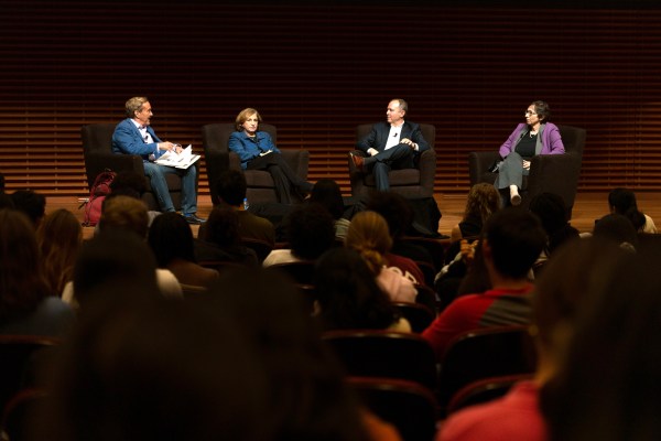 From left to right: Jim Steyer, Ruth Marcus, Adam Schiff and Pamela S. Karlan sit on stage