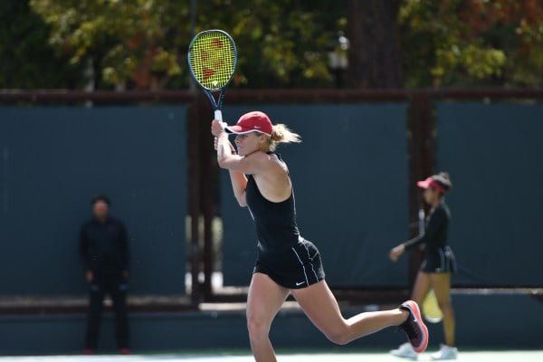 No. 14 Alexandra Yepifanova mid-swing during a game between Southeast Missouri State on May 6, 2022. In the ITA Norwest Regional Championships this past week, the sophomore won the singles bracket and will represent Stanford at the ITA national championships later this year. (Photo: BRANDON VALLANCE/ISI Photos)