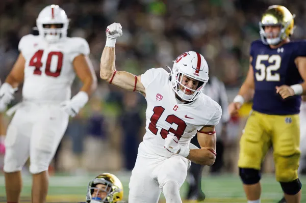 A football player pumps his fist in celebration