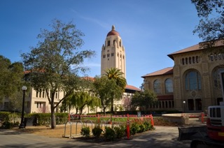 Green Library with Hoover Tower in the background.