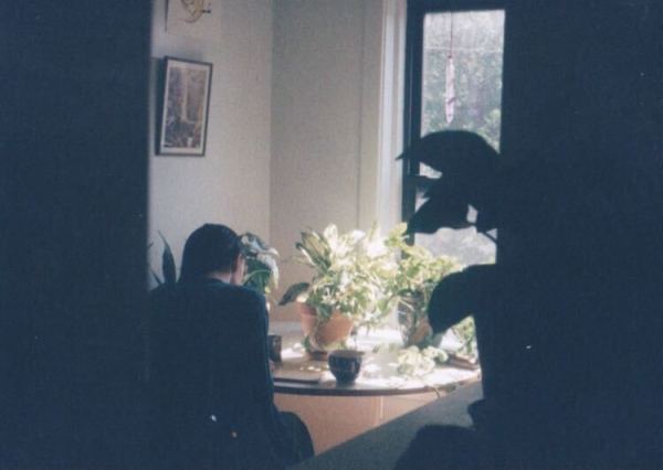 Someone sits at a round table overflowing with potted plants and cups. The two dark bars on the left and right make it seem like we are peeking through a door.