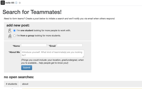 a class forum post titled 'Search for Teammates!'