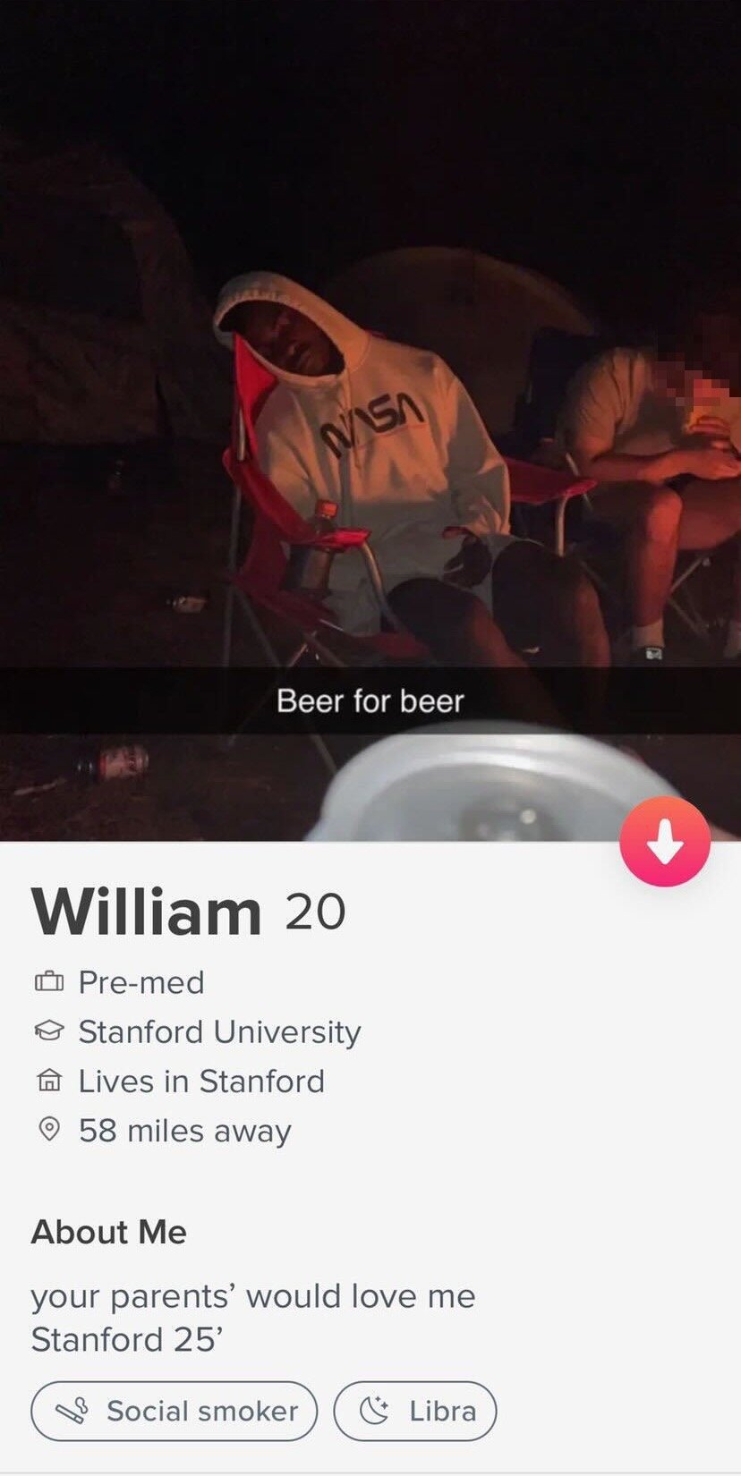 A Tinder profile for "William, 20, pre-med at Stanford." The profile says "your parents would love me." The photo shows Curry passed out on a chair at the beach, with a caption overlaid saying "beer for beer."