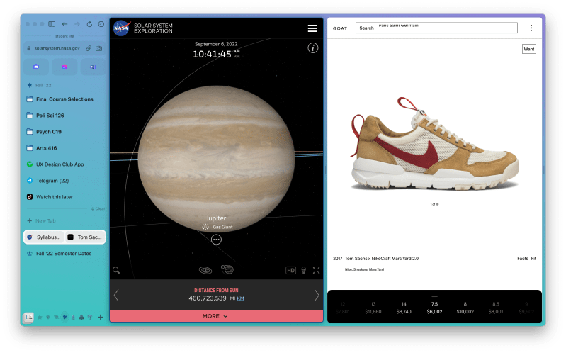 A screenshot of The Browser Company's product in split view. It features a tool/navigation bar on the left, Jupiter illustration in the middle, and a Nike shoe on the right.