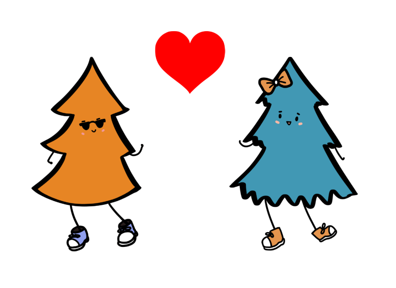 An illustration of two anthropomorphic trees wearing shoes, one male and one female. The male on the life has orange leaves and is wearing sunglasses. The female on the right has a bow on and is green. A heart is drawn between them.